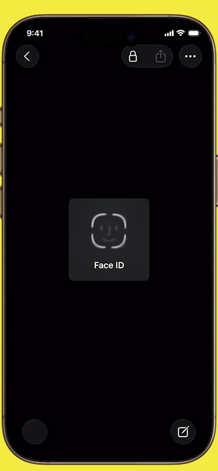 A locked Apple Note authenticating with Face ID, lock icon visible in the toolbar