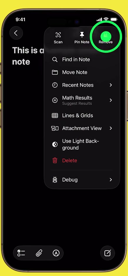 Apple Notes More menu showing Remove where the Lock button previously appeared