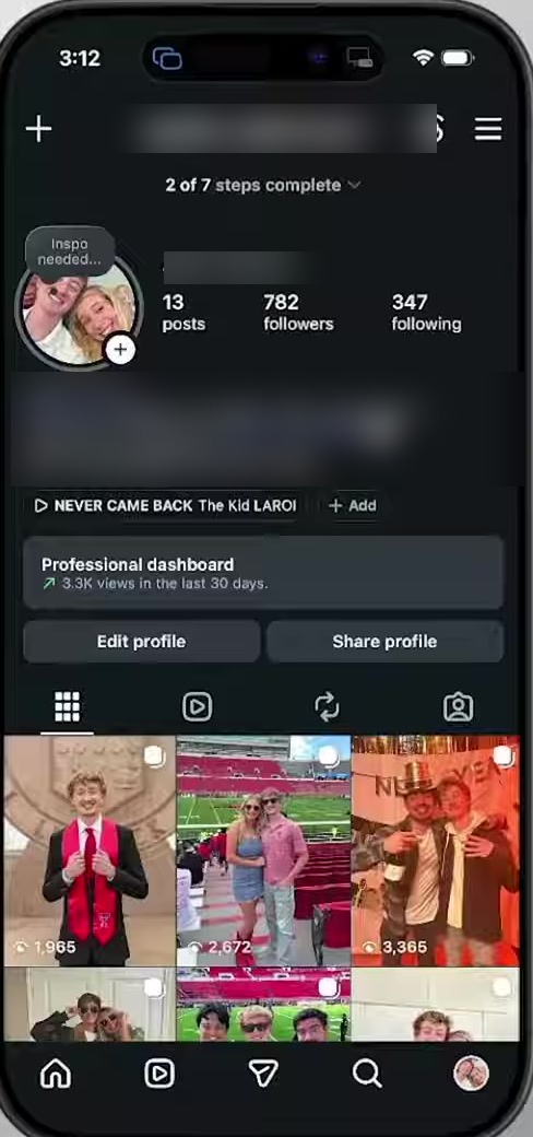 Instagram profile screen with the three-line menu button in the top right corner