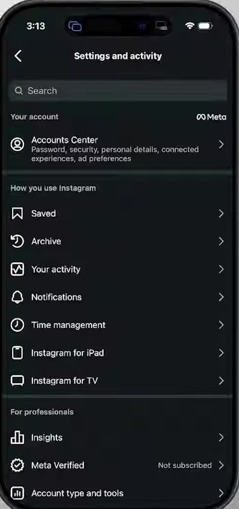 Instagram Settings and activity screen showing Accounts Center and a list of options