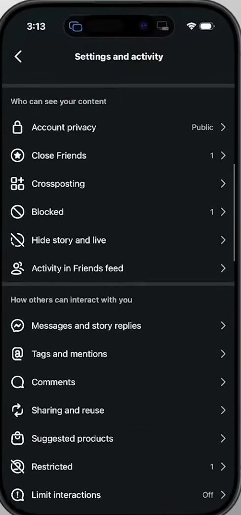 Who can see your content section with the Account privacy row reading Public