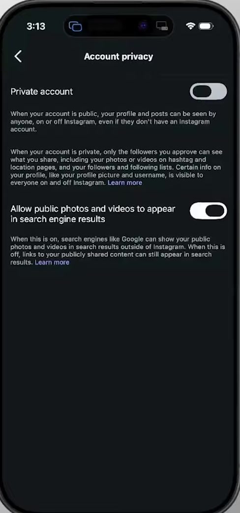 Account privacy screen with the Private account toggle and the search engine results toggle below it