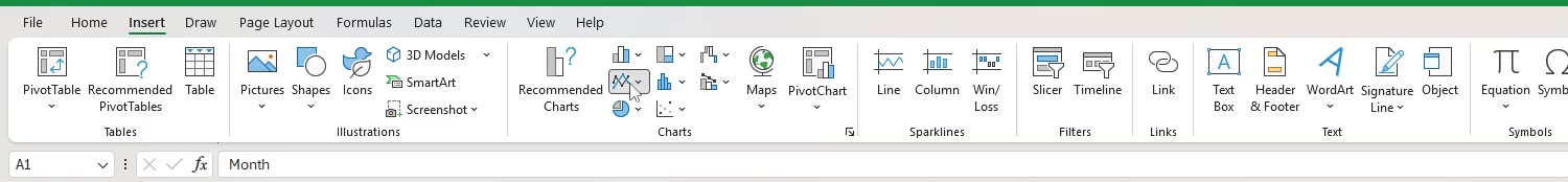 The Excel Insert tab ribbon showing the Charts group with Recommended Charts and the small chart type buttons