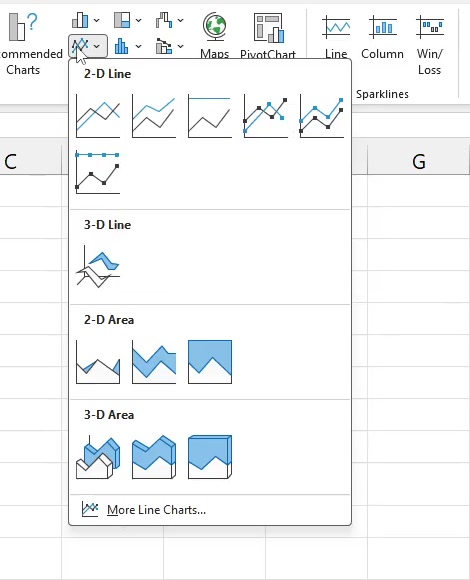 The Insert Line or Area Chart dropdown open in Excel, showing 2-D Line, 3-D Line, 2-D Area and 3-D Area sections