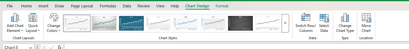The Excel Chart Design tab showing Add Chart Element, Quick Layout, Change Colors, Chart Styles, Switch Row/Column, Select Data, Change Chart Type and Move Chart