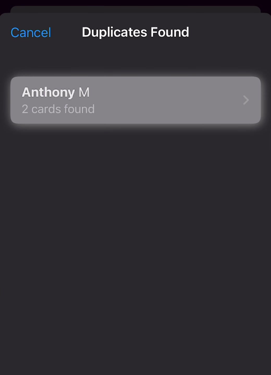 Duplicates Found screen listing one contact name with 2 cards found