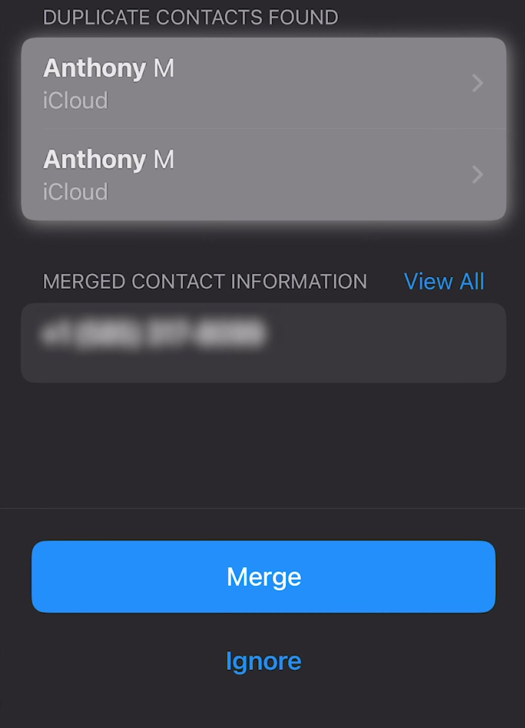 Merge Contact screen showing two duplicate cards from iCloud and a merged contact information preview