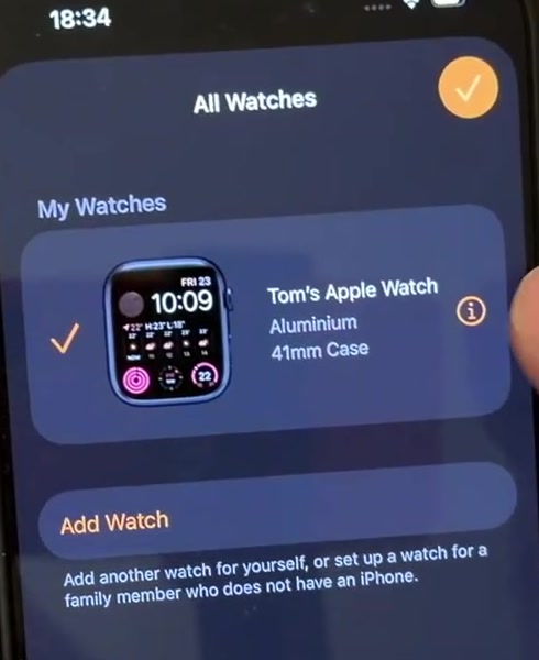 Apple Watch app on iPhone showing the All Watches screen with one paired watch listed