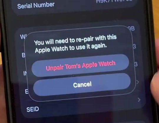 Confirmation dialog reading You will need to re-pair with this Apple Watch to use it again