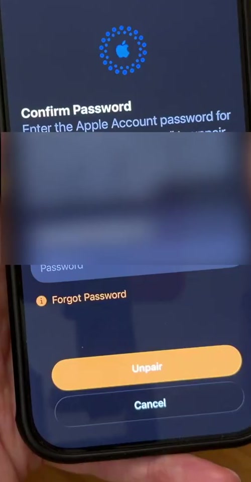 Confirm Password screen asking for the Apple Account password before unpairing