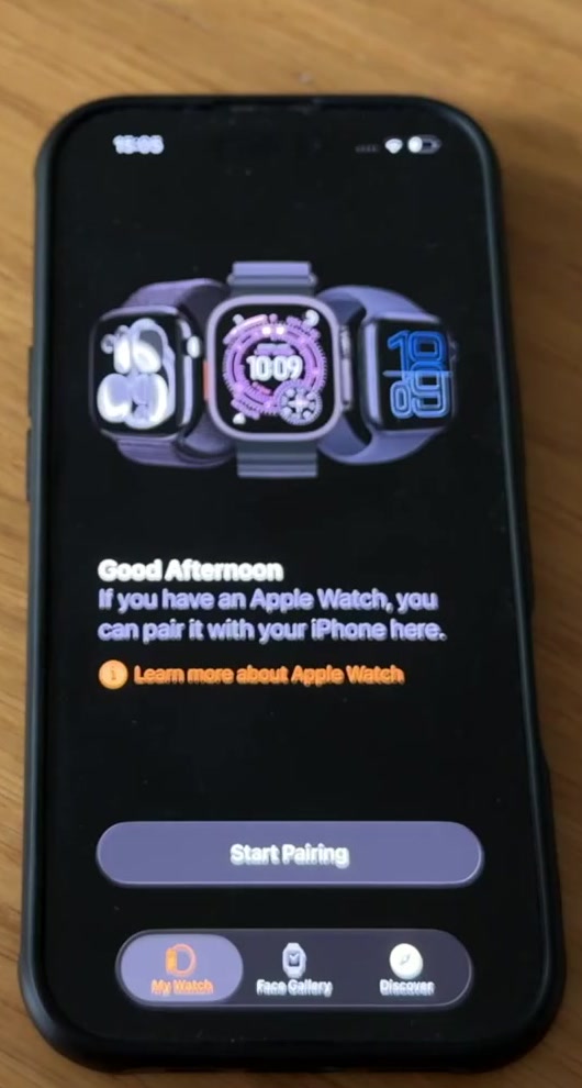 New iPhone showing the Apple Watch pairing screen with a Start Pairing button