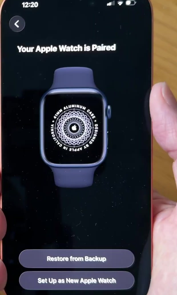 Your Apple Watch is Paired screen with Restore from Backup and Set Up as New Apple Watch buttons