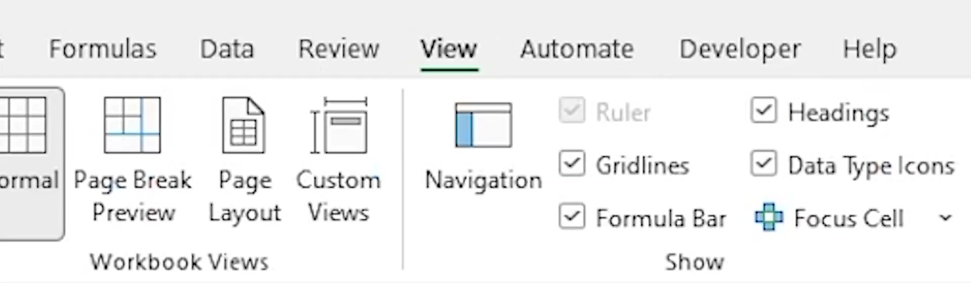 Excel ribbon with the View tab selected, showing the Workbook Views and Show groups