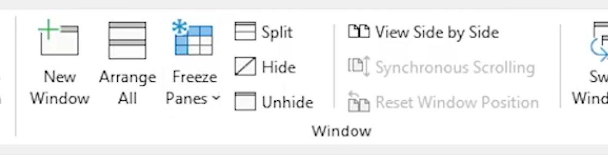 The Window group of the Excel View tab, with the Freeze Panes button between Arrange All and Split
