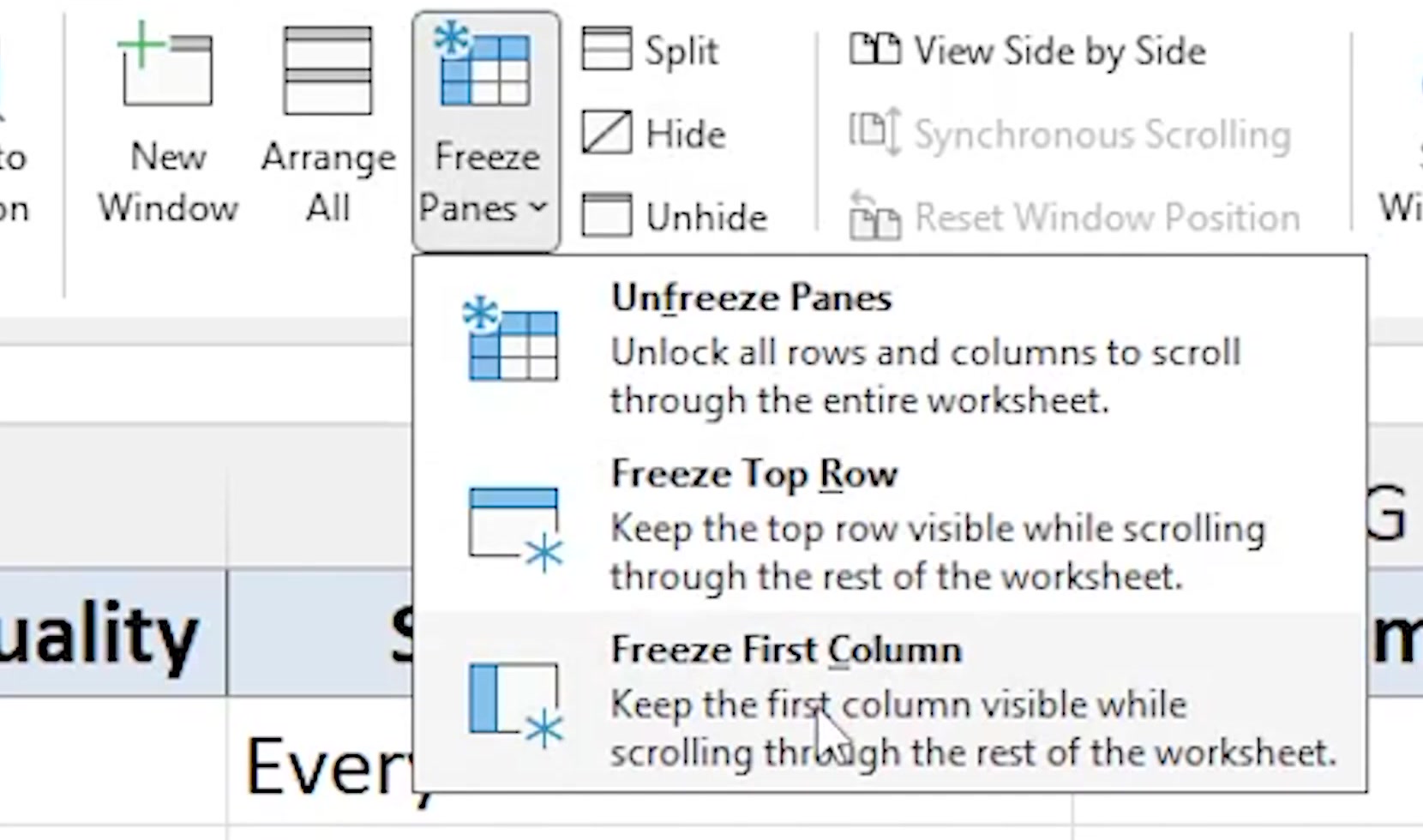 The Freeze Panes dropdown menu open in Excel, showing Unfreeze Panes, Freeze Top Row and Freeze First Column