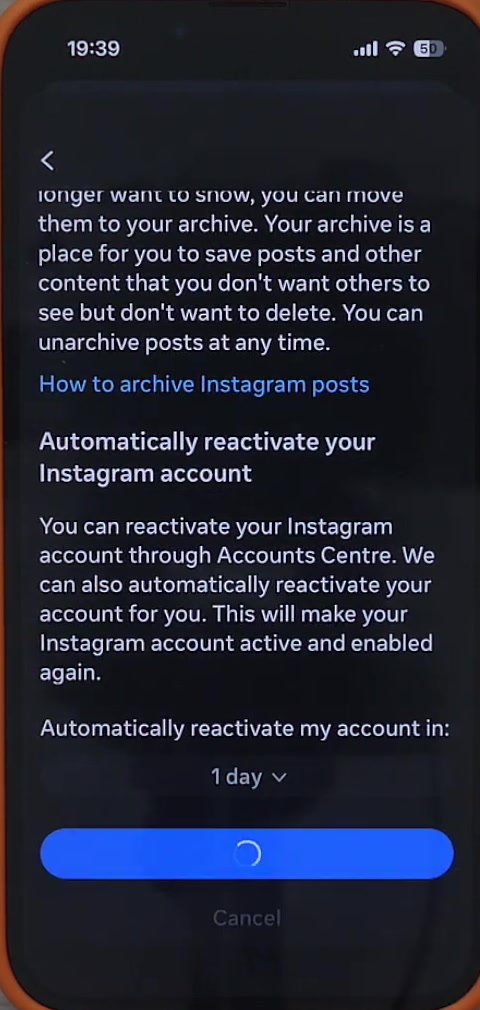 Instagram deactivation screen showing the Automatically reactivate your Instagram account section