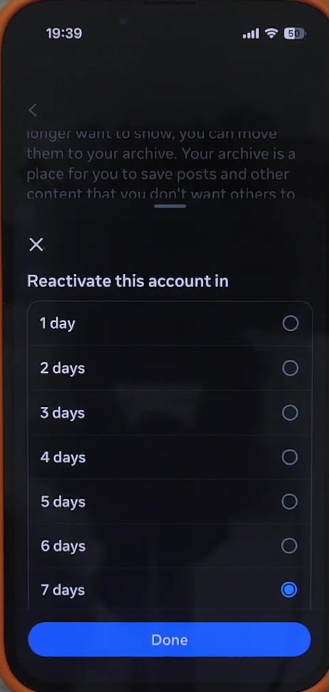 Reactivate this account in picker showing options from 1 day to 7 days