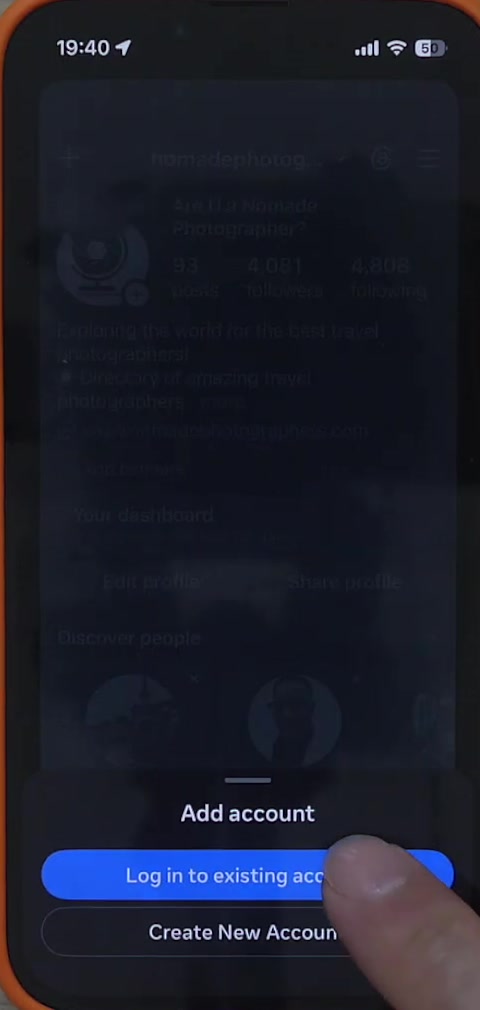Instagram add account screen with Log in to existing account and Create New Account buttons