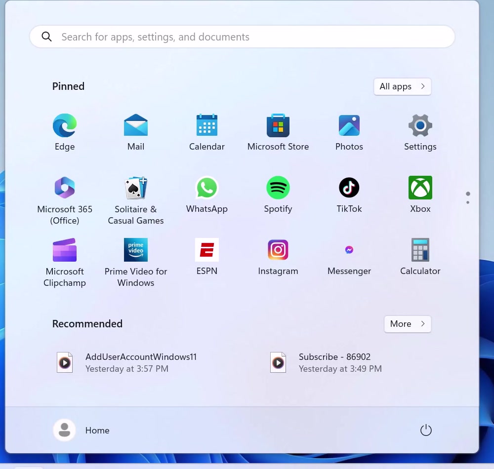 Windows 11 Start menu open, showing pinned apps, the Recommended section, the account name at the bottom left and the power icon at the bottom right
