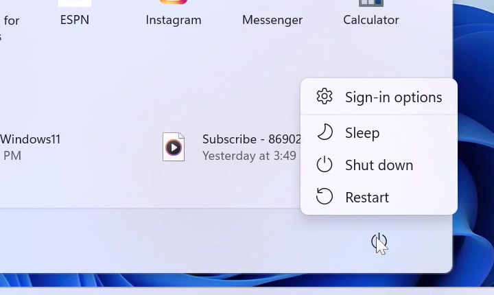 Close-up of the Windows 11 power menu listing Sign-in options, Sleep, Shut down and Restart