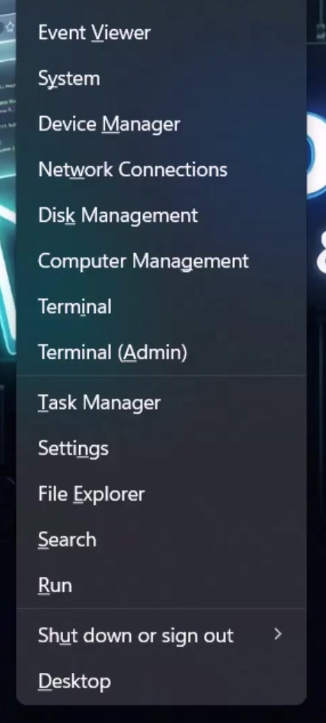 The Windows 11 Quick Link menu opened with Windows key plus X, listing Device Manager, Task Manager, Settings and Shut down or sign out