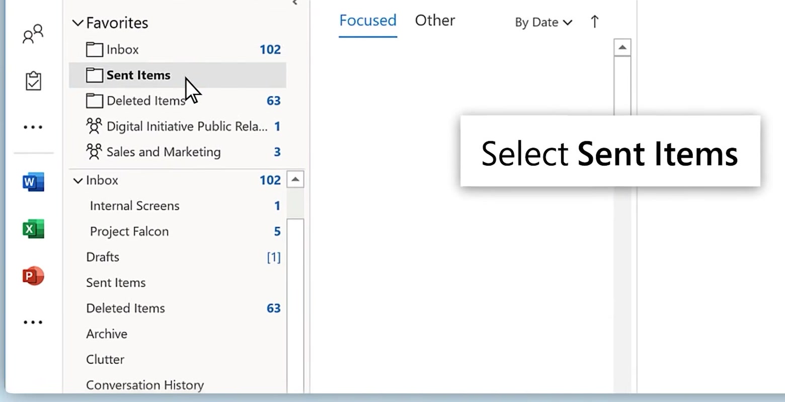Outlook folder pane with the Sent Items folder selected
