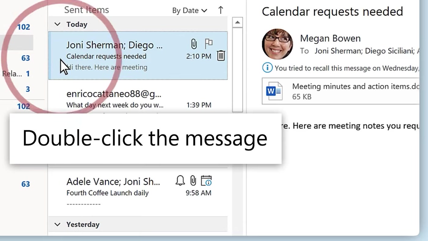 Outlook Sent Items list with a sent message highlighted ready to be double-clicked