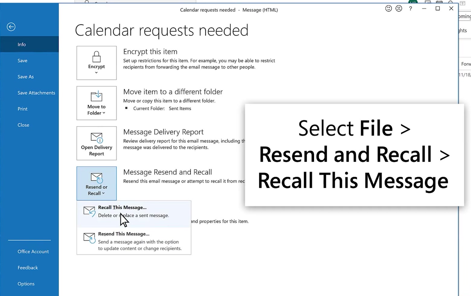 Outlook File menu with Message Resend and Recall expanded and Recall This Message highlighted