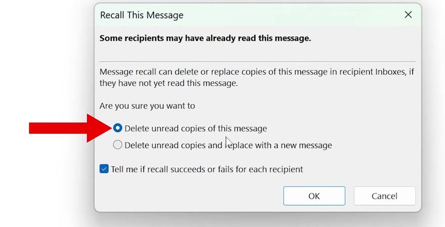 Recall This Message dialog with Delete unread copies of this message selected