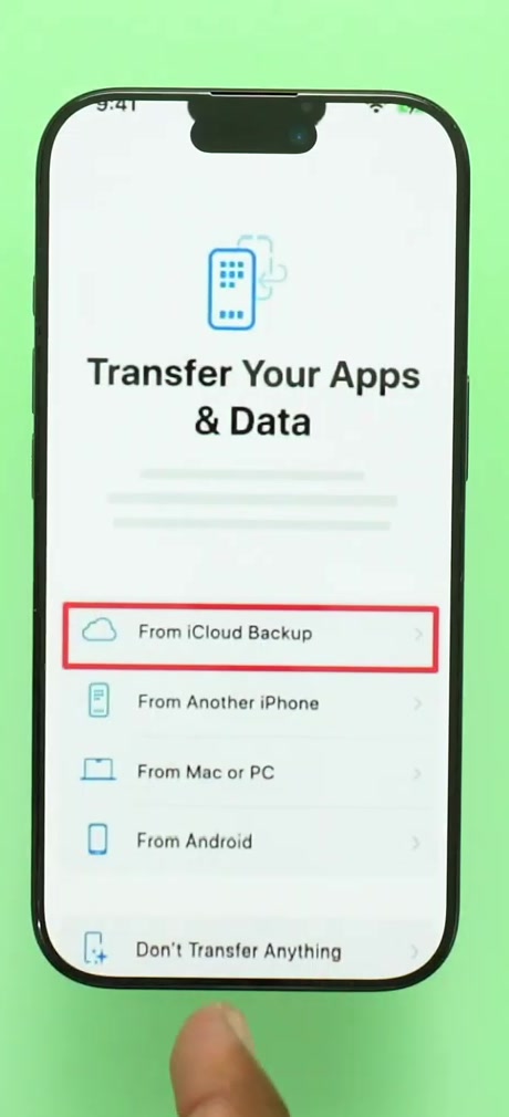The Transfer Your Apps and Data screen with From iCloud Backup as the first option