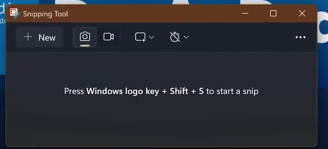 The Windows 11 Snipping Tool window showing the prompt Press Windows logo key plus Shift plus S to start a snip