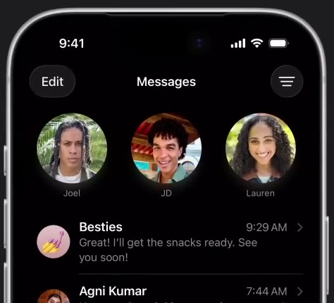 iPhone Messages conversation list showing the Edit button top left and the Filters button top right