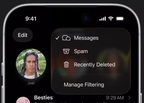 Filters menu open in iPhone Messages showing Messages, Spam, Recently Deleted and Manage Filtering