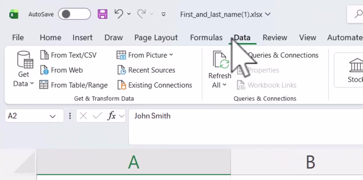 Excel with a column of full names selected and the Data tab open