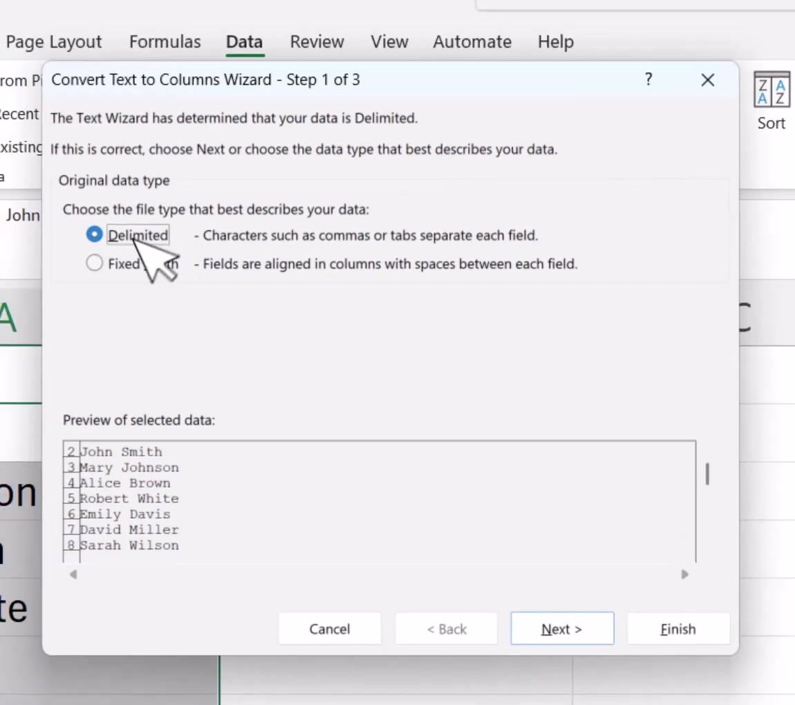 Convert Text to Columns Wizard step 1 of 3 with Delimited selected