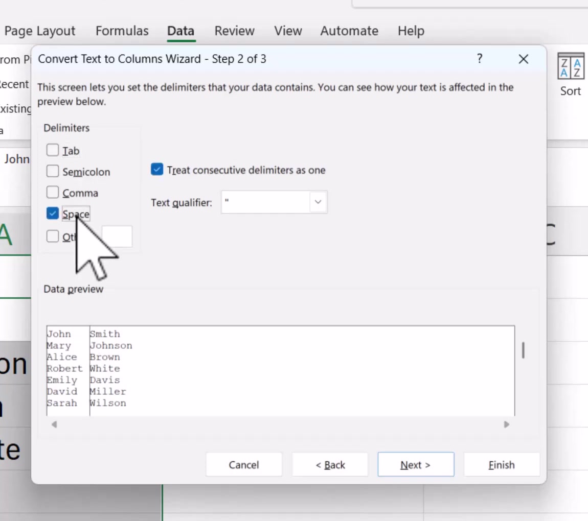 Wizard step 2 with the Space delimiter ticked and the data preview showing two columns