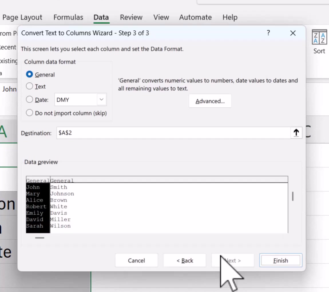 Wizard step 3 of 3 showing the General data format and the Destination box