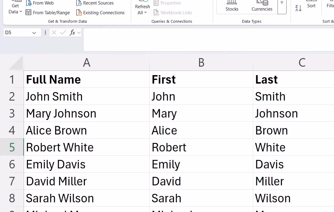 Excel showing full names in column A with first names in column B and last names in column C