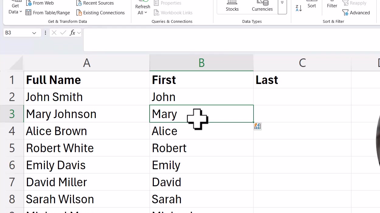 Excel offering a Flash Fill preview of first names in the column beside the full names
