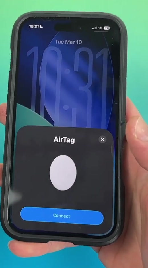 iPhone Lock Screen with the AirTag setup card sliding up from the bottom, showing a Connect button