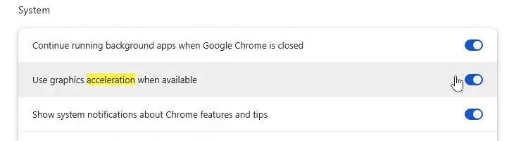Chrome settings System section with the Use graphics acceleration when available toggle
