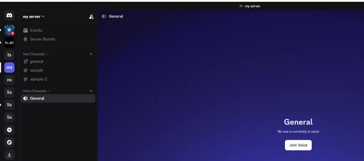 Discord server with the General voice channel selected and a Join Voice button