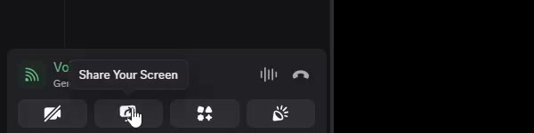 Discord voice panel with the Share Your Screen tooltip above the screen share icon