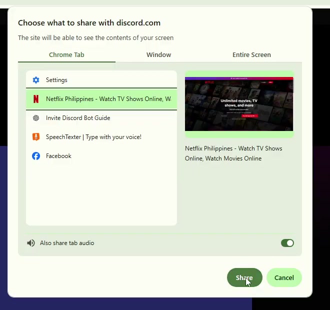Chrome picker titled Choose what to share with discord.com with the Netflix tab selected and Also share tab audio enabled