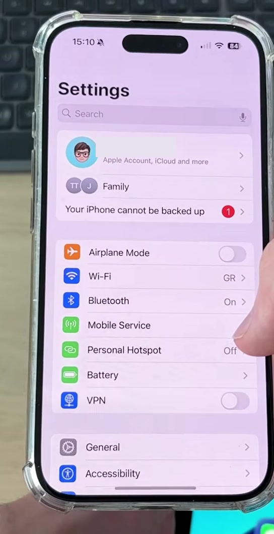 iPhone Settings app with the Apple Account banner at the top of the list