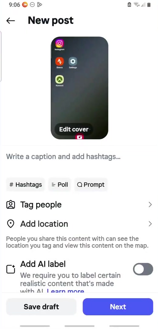 Instagram New post screen showing the caption box with Tag people and Add location options below it