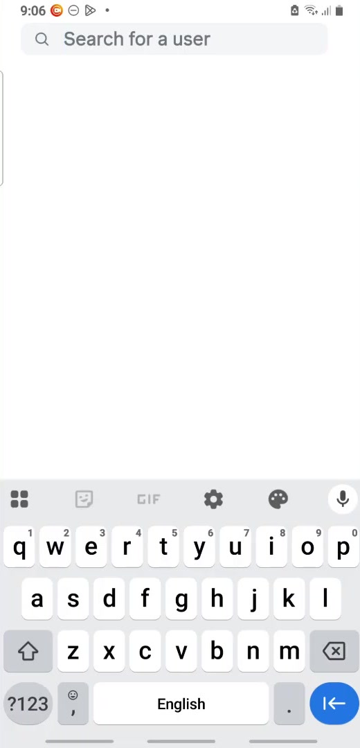 Instagram tag search screen with an empty Search for a user field and the keyboard open