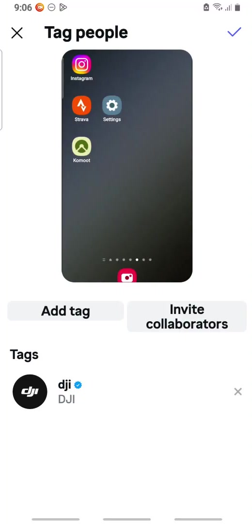 Instagram Tag people screen with one tagged account listed under Tags and buttons for Add tag and Invite collaborators