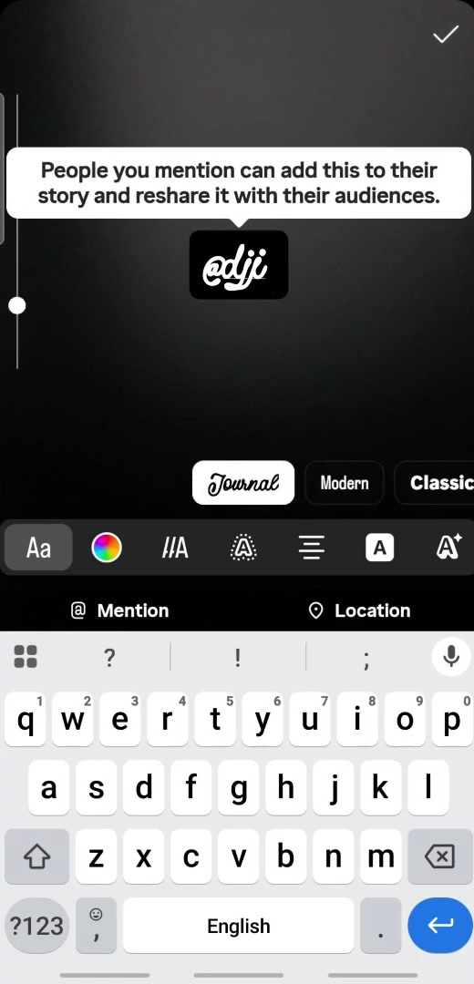 Instagram Story editor showing a mention sticker and a notice that people you mention can add the story to their own story