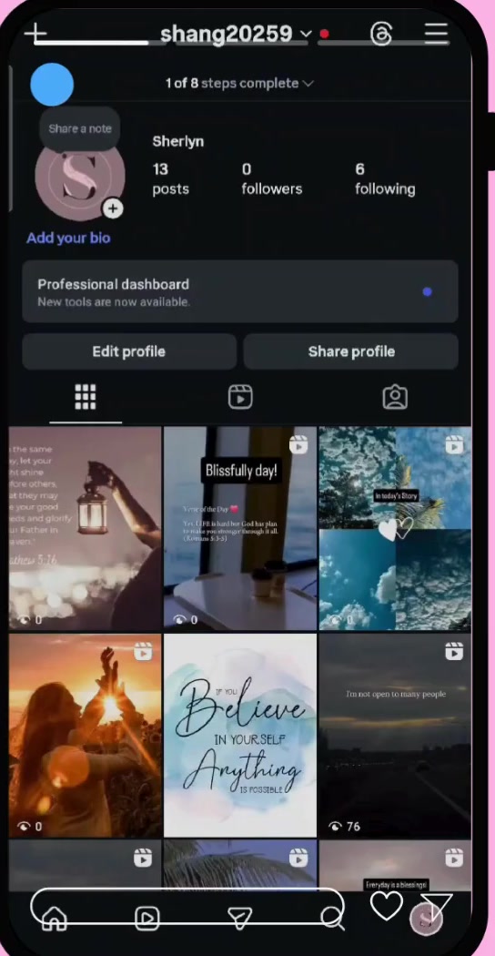 Instagram profile page with the three-line menu icon in the top-right corner
